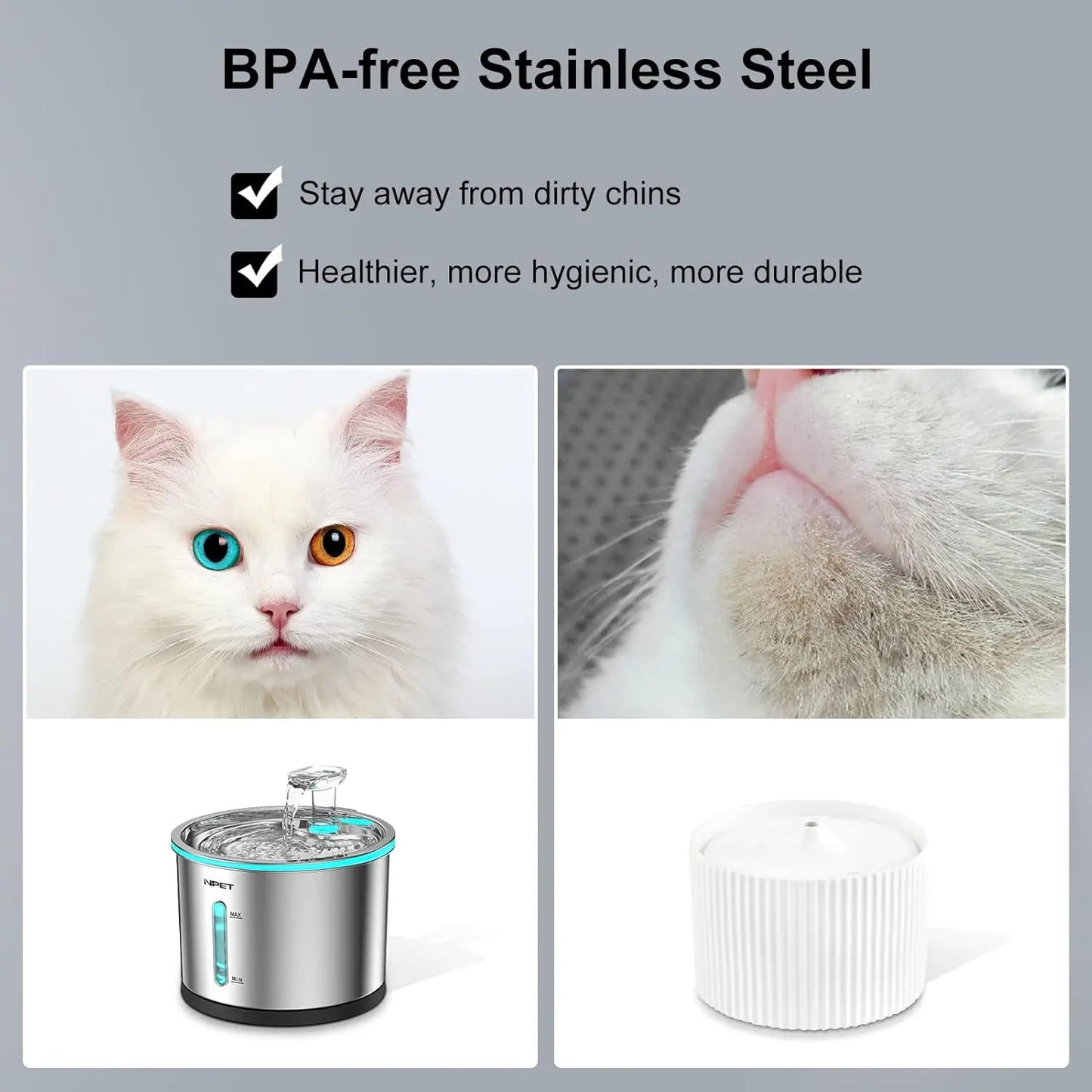 NPET Stainless Steel Cat Water Fountain 50oz Window Light