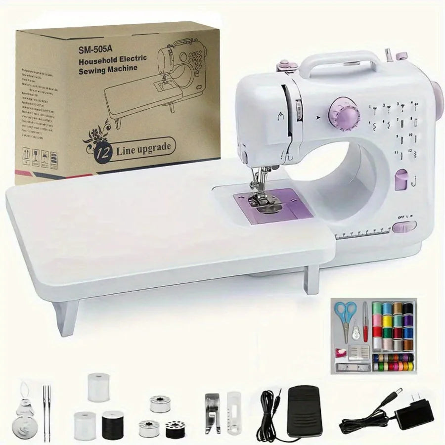 Electric Sewing Machine with Extension Table Foot Pedal Light and Sewing Kit Tools for 12 Built-in Stitches and 2 Speeds