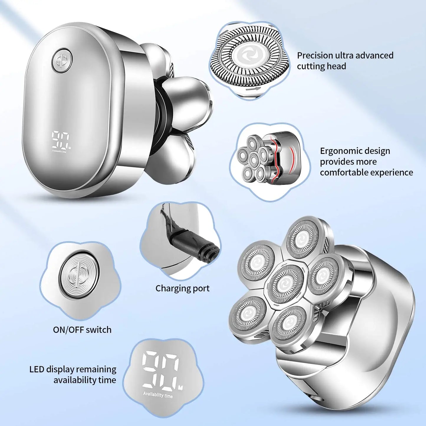 5 In 1 Electric Shaver for Men 7D Independently Floating Head Waterproof Electric Razor with Digital Display and Multifunction Hair Trimmer