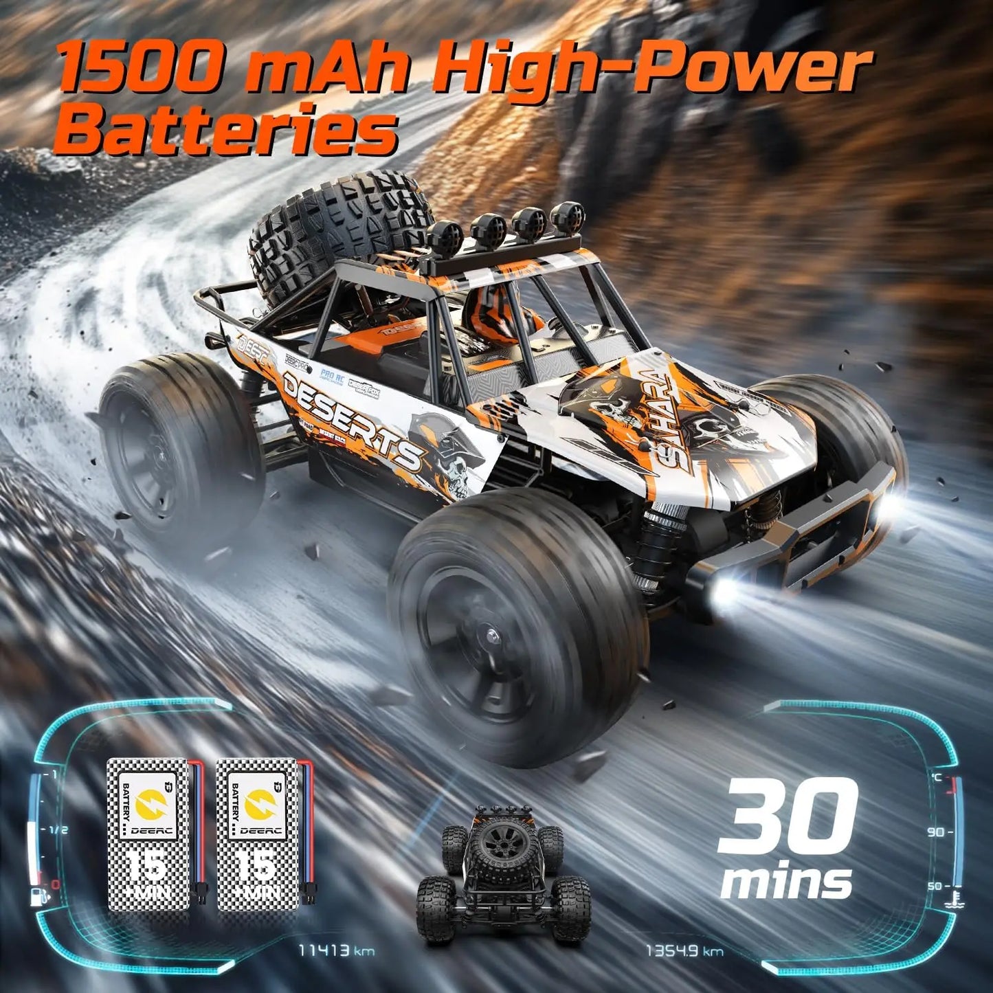 DEERC 9203E 1:10 Scale RC Truck 48KM/H 4X4 Lights Dual Batteries 2.4GHz All Terrain 30 Minute Playtime