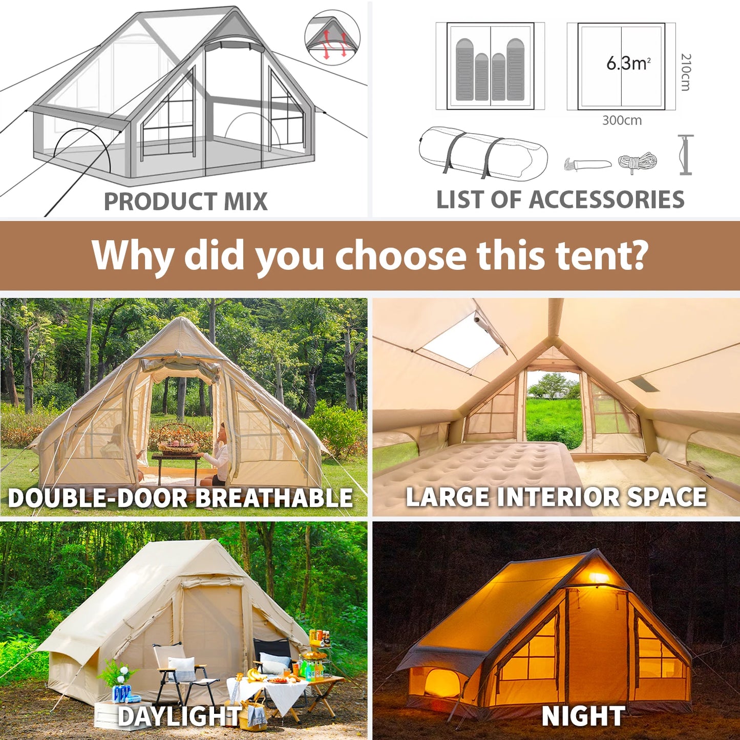 Inflatable Camping Tent for 4 to 6 People 67.81 Square Feet with Stove Jack Quick Automatic Opening Glamping Tent