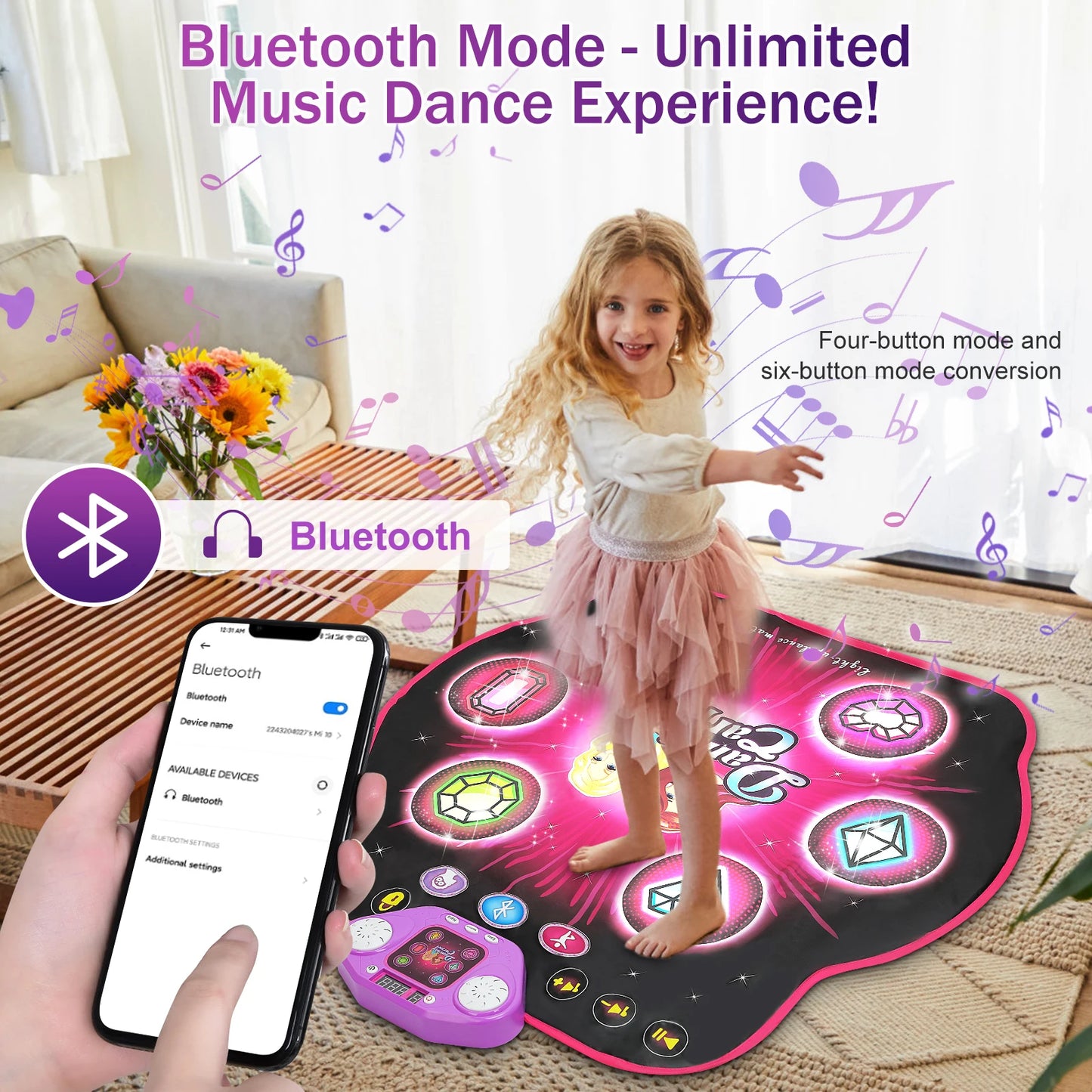 Vatos Dance Mat for Kids 27 Levels 6 LED Keys Bluetooth