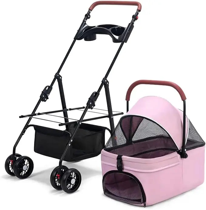 Folding Pet Stroller for Dogs with Detachable Carrier Portable Dog Travel Stroller Universal Design Gray