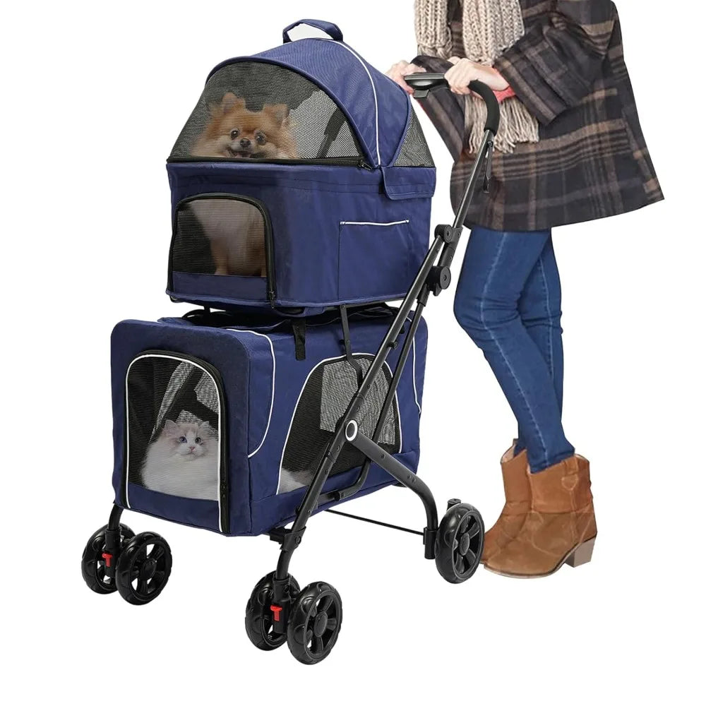 Folding Double Pet Jogging Stroller Detachable Pet Stroller with 6 Universal Wheels Lockable Pet Stroller with Cup Holder for Small to Medium Breeds