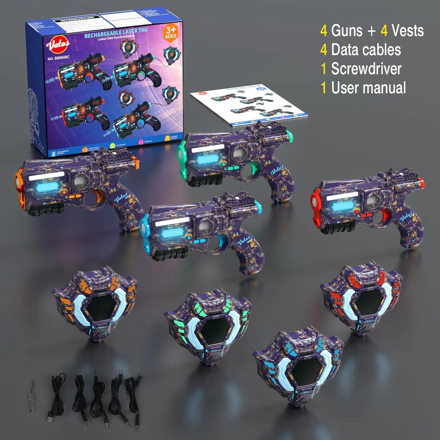 Vatos Rechargeable Health Value Data Sync Laser Tag Gun Infrared Laser Tag Set with 4 Vests and Glowing Lights for Adults