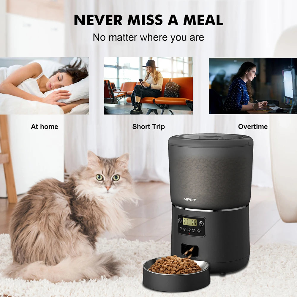 NPET 4L Automatic Smart Pet Feeder for Cats and Dogs Multiple Pets with Stainless Steel Bowl Customized Healthy Food 1 to 9 Portions
