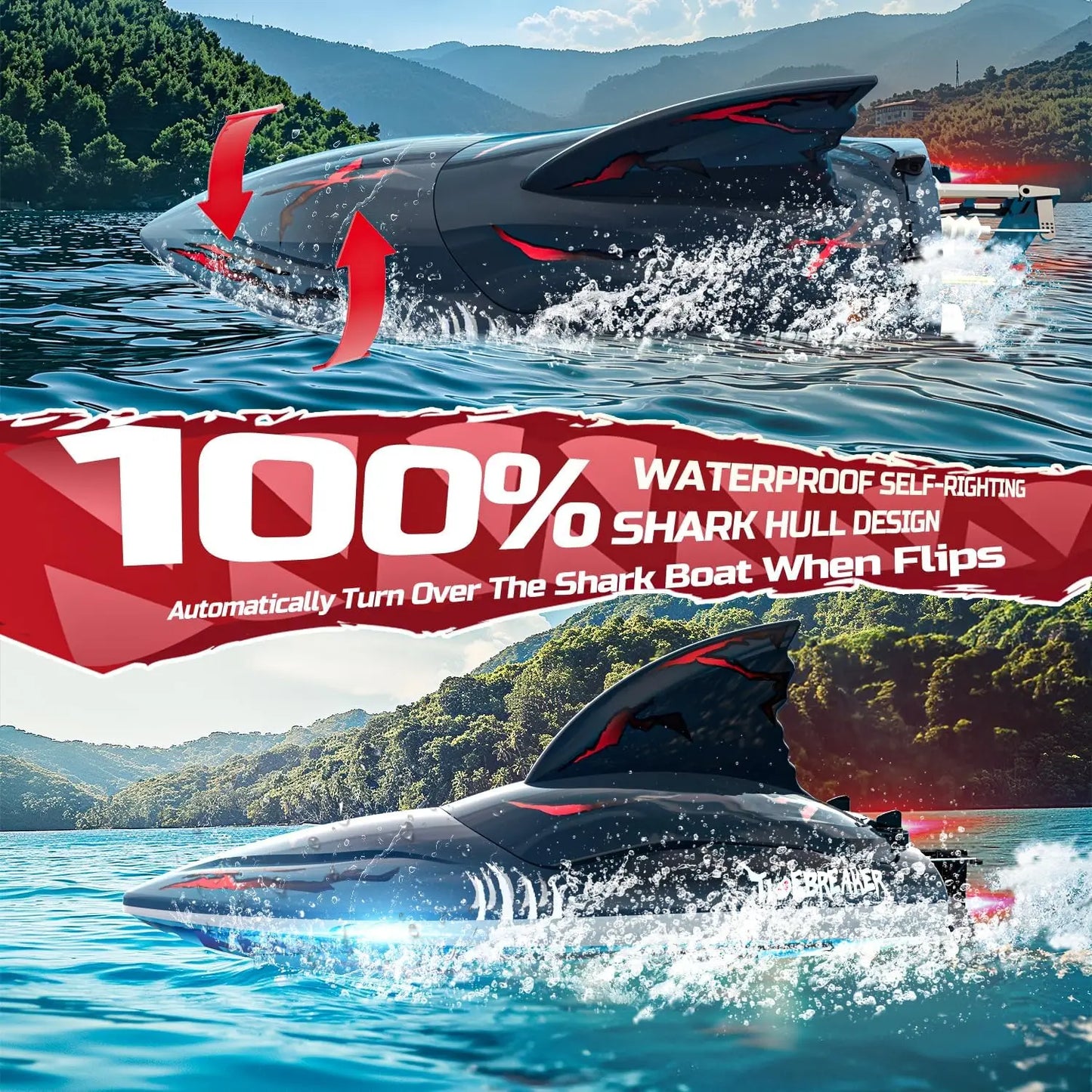 DEERC RC Shark Boat DE 2104 48 km/h Remote Control Speed Boat with LED Lights Ideal Summer Gift