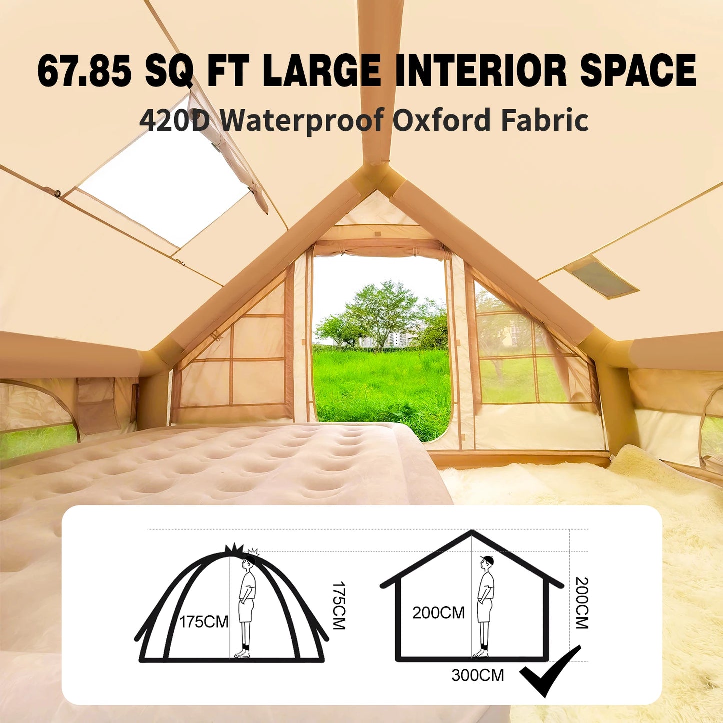 Inflatable Camping Tent for 4 to 6 People 67.81 Square Feet with Stove Jack Quick Automatic Opening Glamping Tent