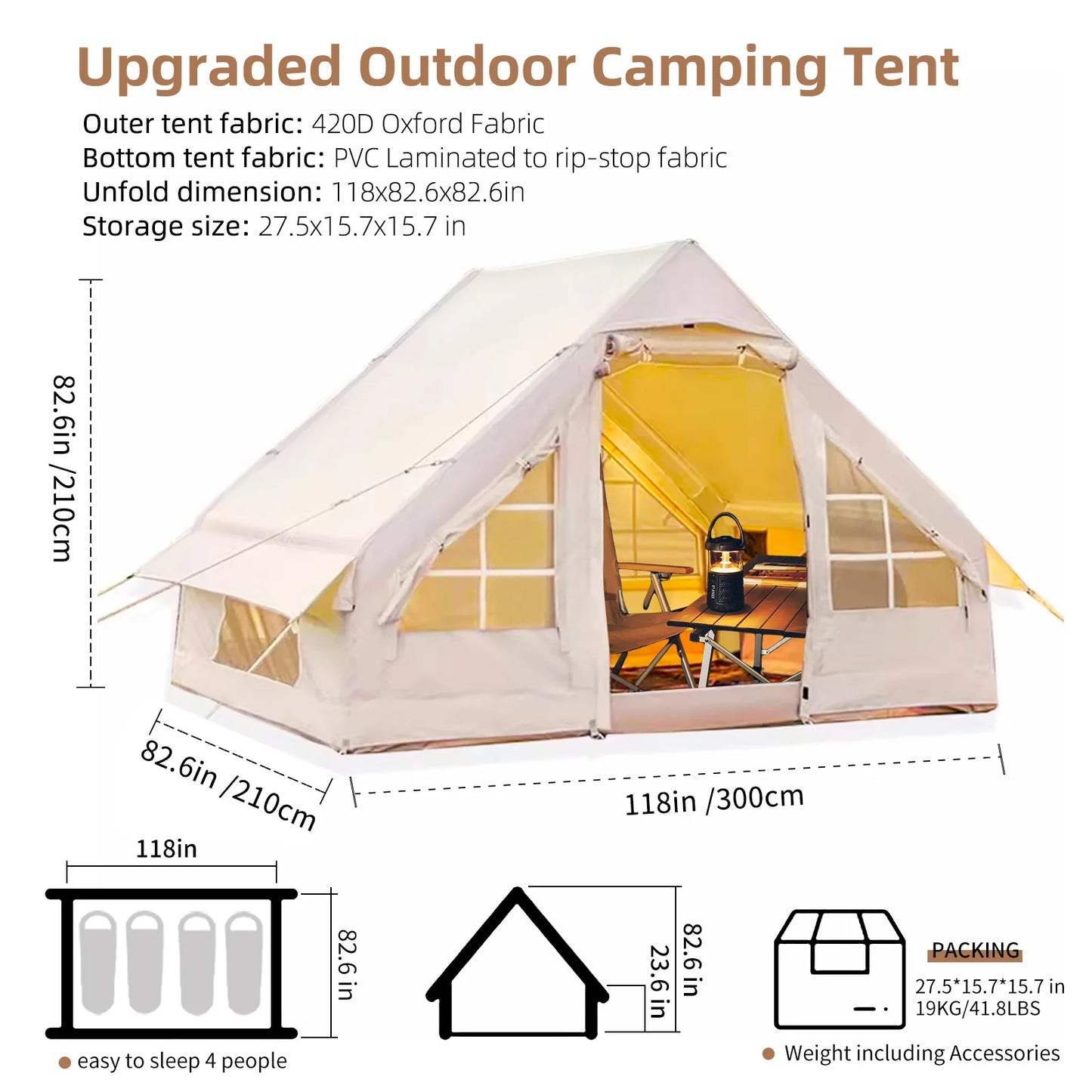 Inflatable Camping Tent for 4 to 6 People 67.81 Square Feet with Stove Jack Quick Automatic Opening Glamping Tent