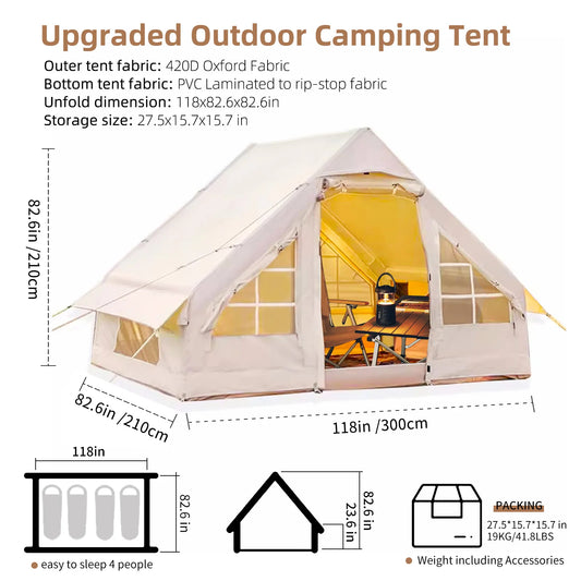 Inflatable Camping Tent for 4 to 6 People 67.81 Square Feet with Stove Jack Quick Automatic Opening Glamping Tent