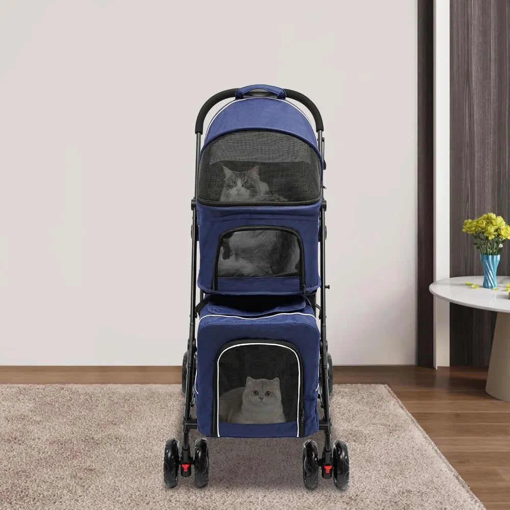 Folding Double Pet Jogging Stroller Detachable Pet Stroller with 6 Universal Wheels Lockable Pet Stroller with Cup Holder for Small to Medium Breeds