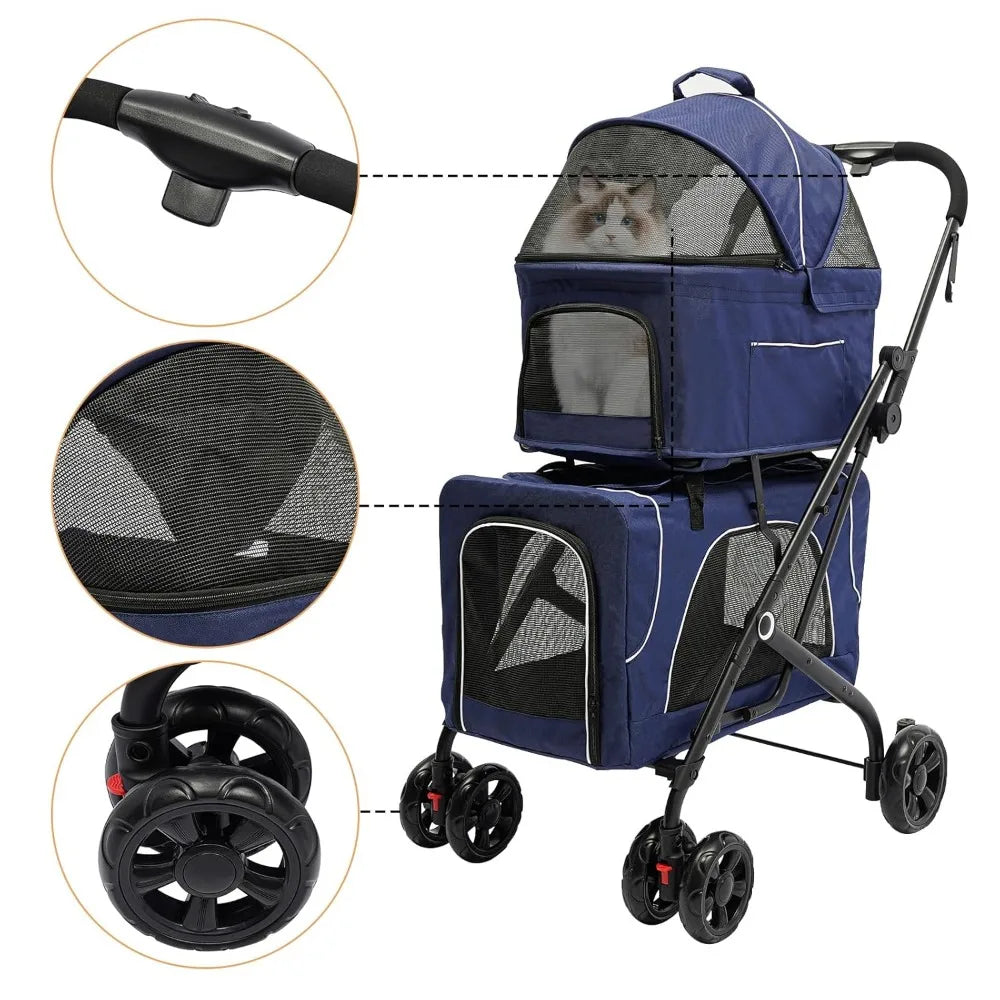 Folding Double Pet Jogging Stroller Detachable Pet Stroller with 6 Universal Wheels Lockable Pet Stroller with Cup Holder for Small to Medium Breeds