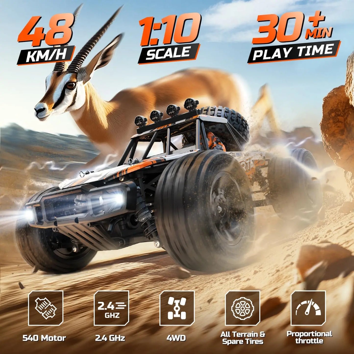 DEERC 9203E 1:10 Scale RC Truck 48KM/H 4X4 Lights Dual Batteries 2.4GHz All Terrain 30 Minute Playtime