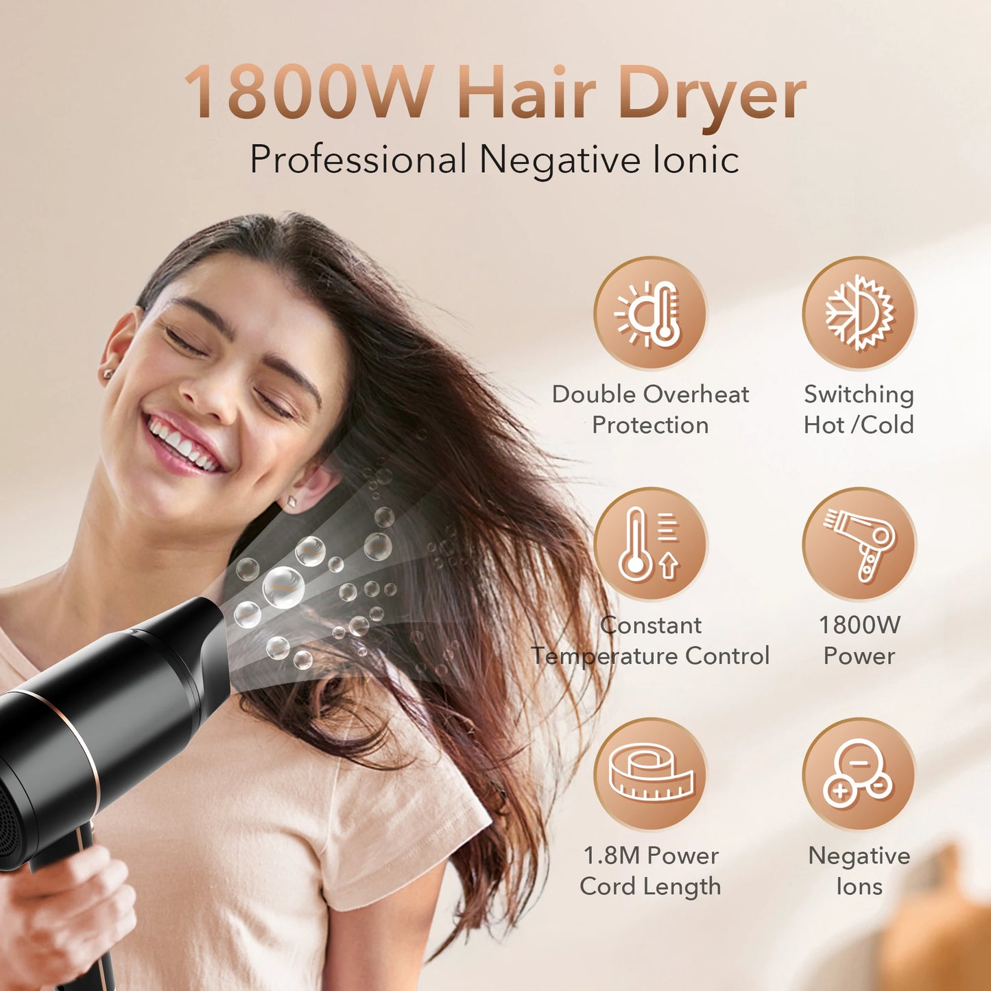 Sejoy 1800W Hair Dryer Negative Ion Temp Control Diffuser
