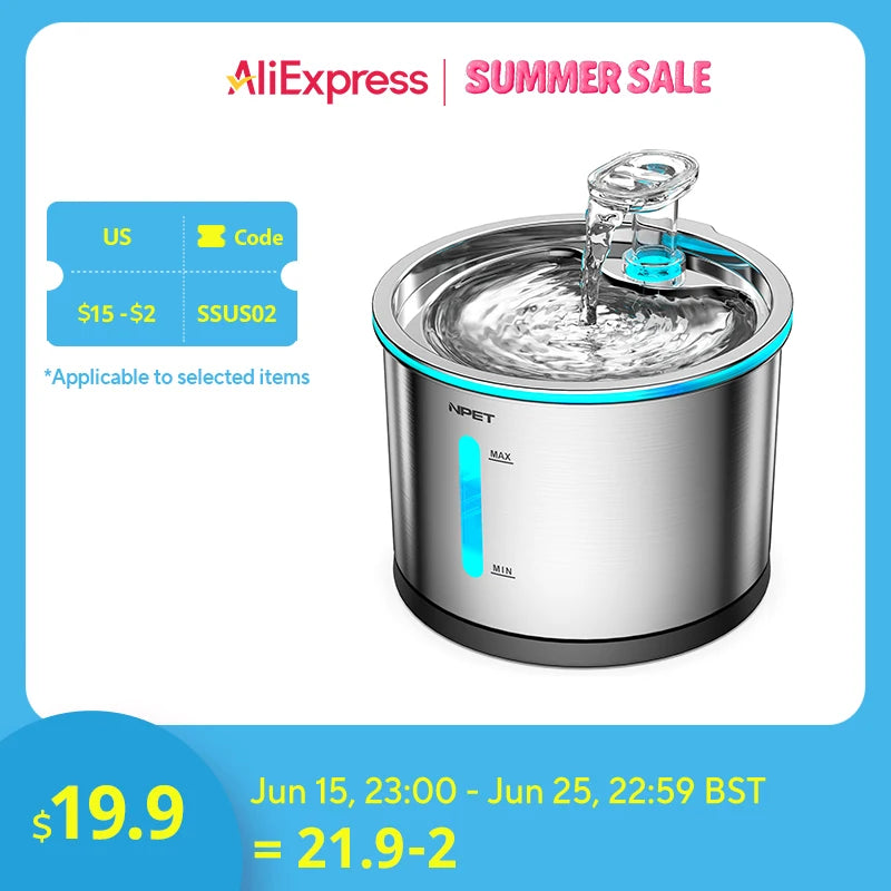 NPET Stainless Steel Cat Water Fountain 50oz Window Light