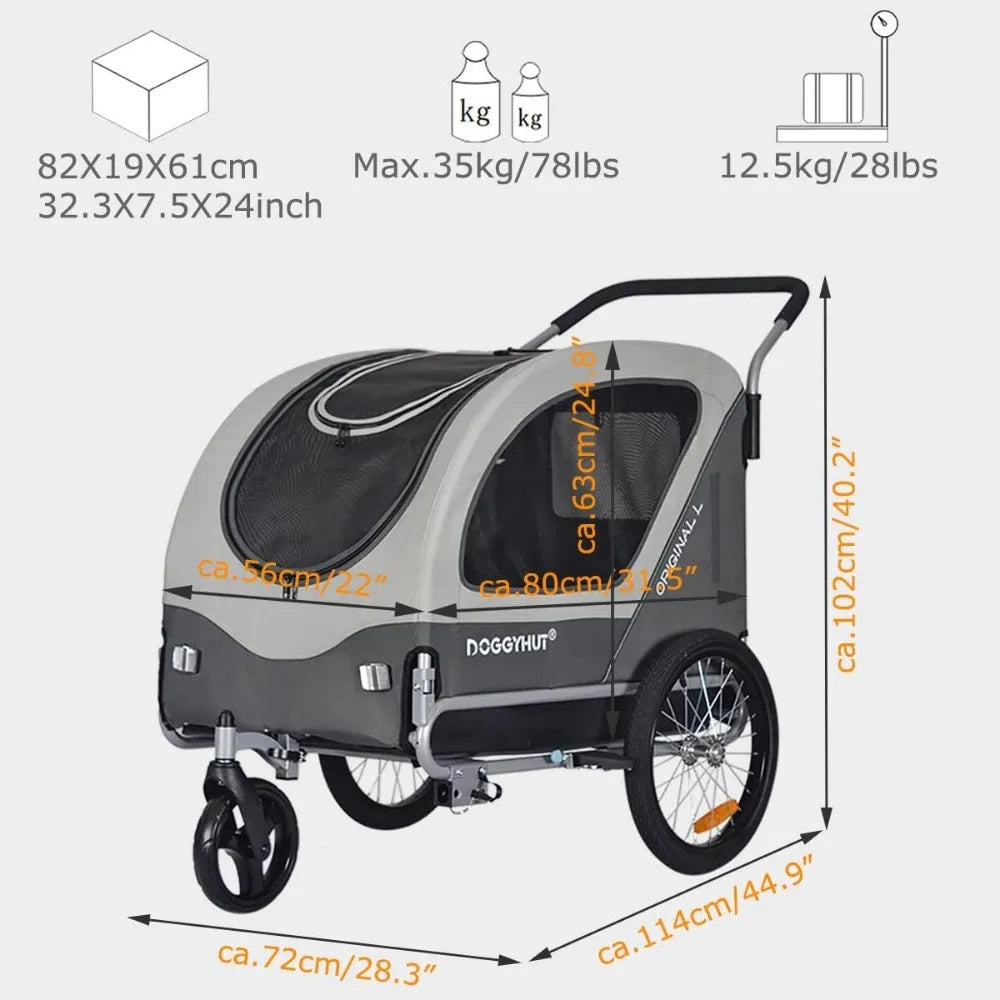 Original Large Pet Bike Trailer and Stroller 2 in 1 for Dogs up to 78 Pounds with Parking Brakes Easy Folding Cart Frame and Quick Release Wheel
