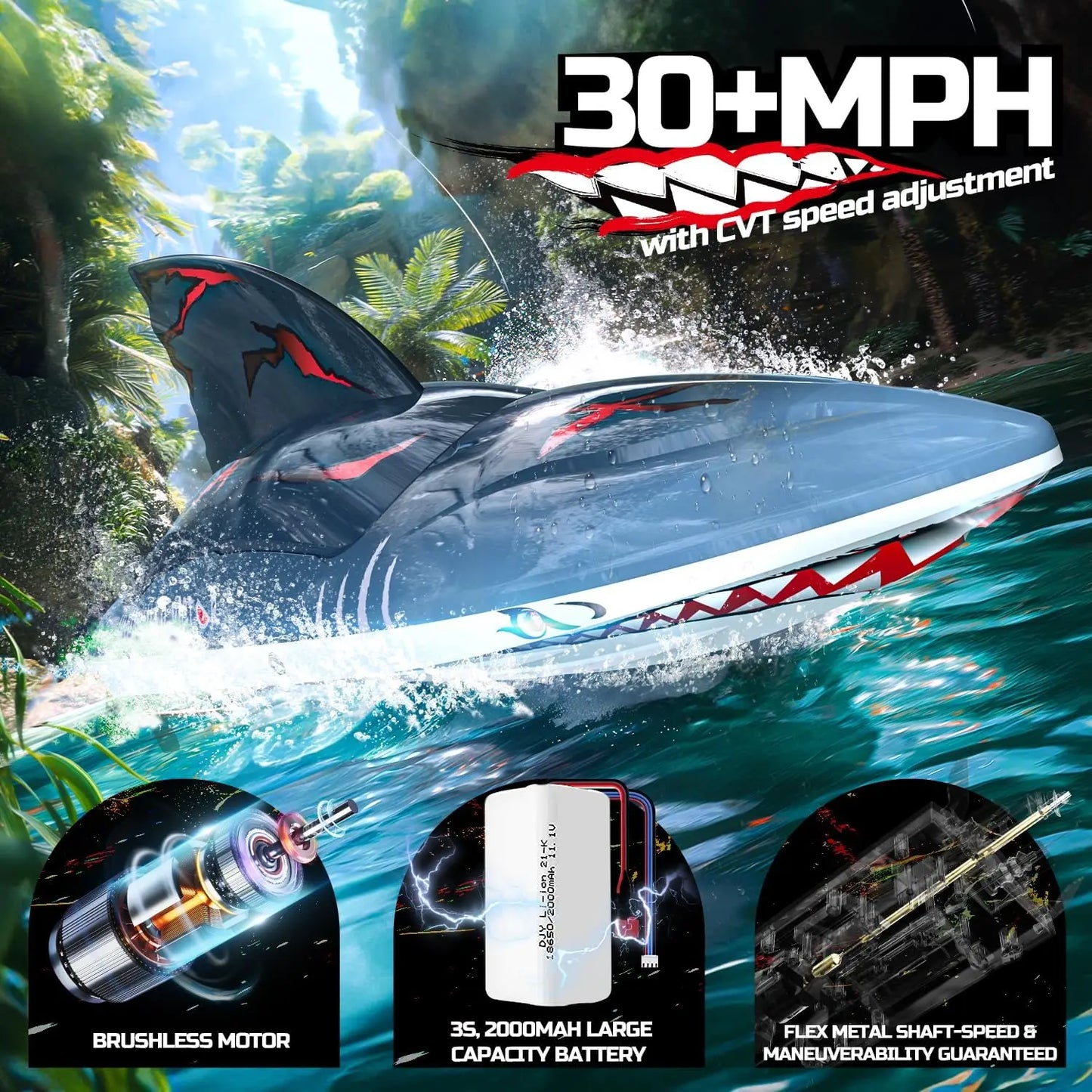DEERC RC Shark Boat DE 2104 48 km/h Remote Control Speed Boat with LED Lights Ideal Summer Gift