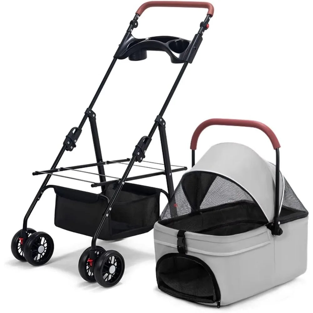 Folding Pet Stroller for Dogs with Detachable Carrier Portable Dog Travel Stroller Universal Design Gray