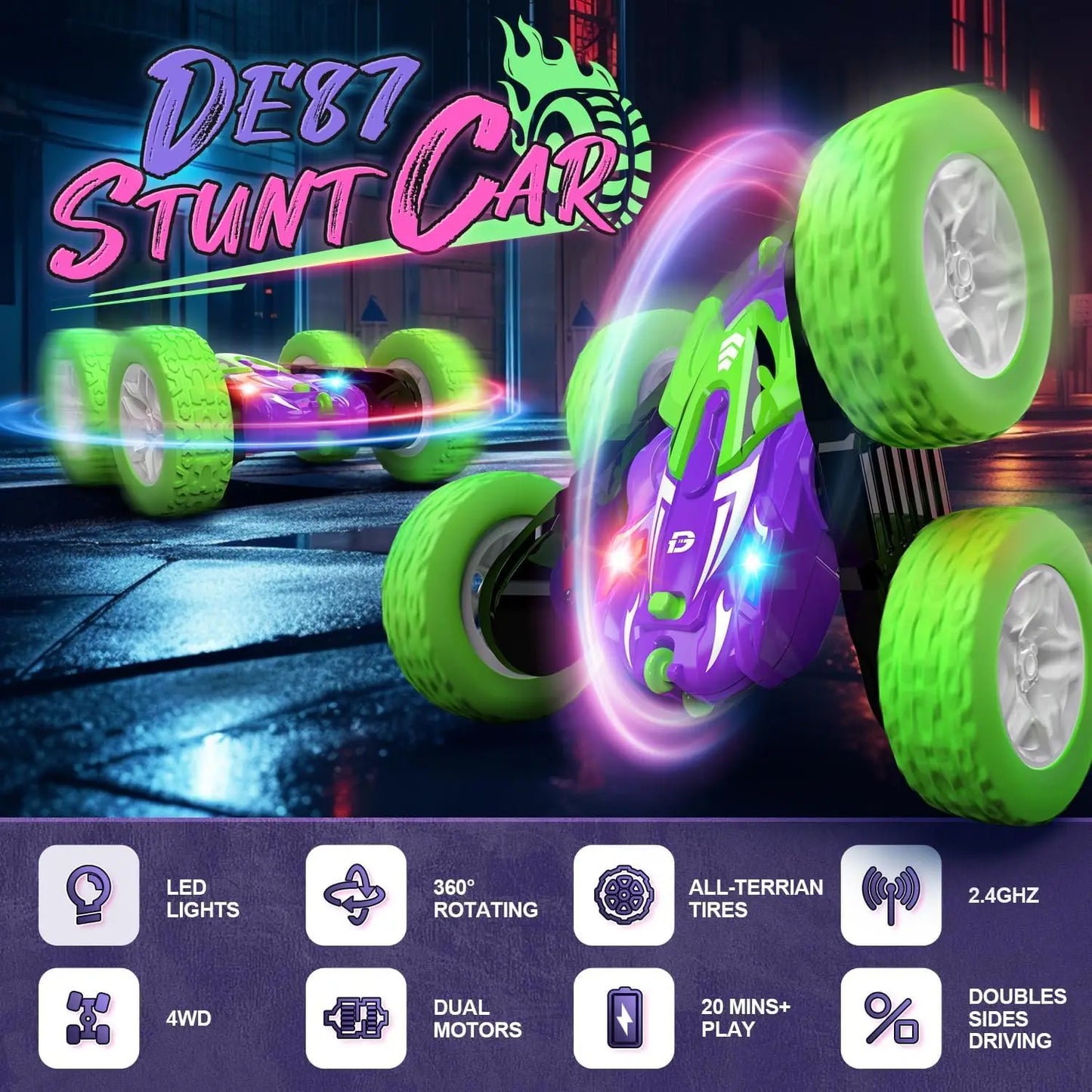 DEERC DE87 4WD Off Road RC Car with 360 Degree Rotation LED Lights Stunt Crawler for Kids