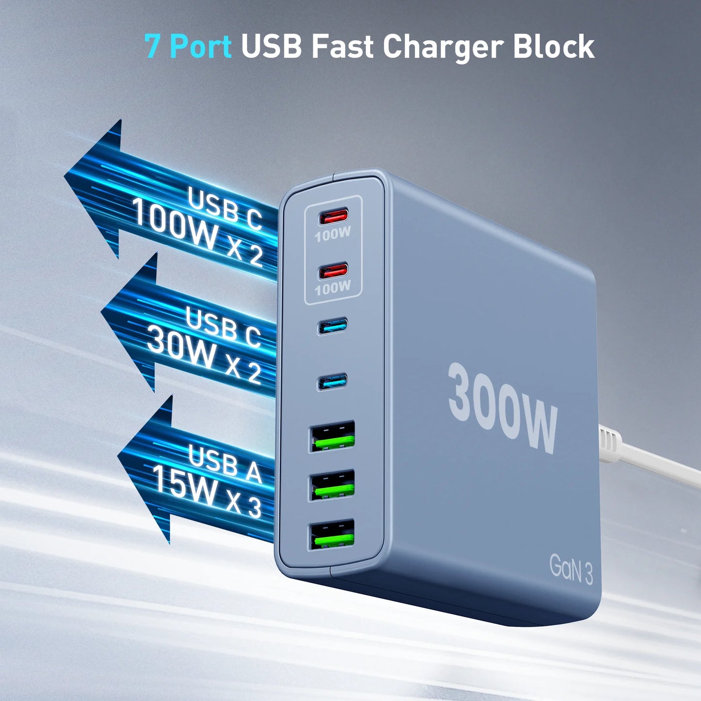 USB C Fast Charger 300W 7 Port Hub PD PPS Laptop Charger