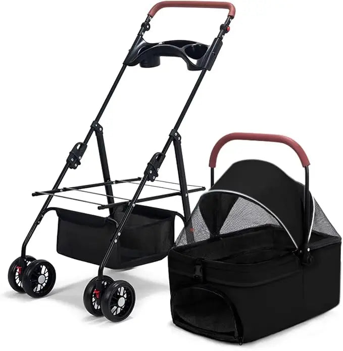 Folding Pet Stroller for Dogs with Detachable Carrier Portable Dog Travel Stroller Universal Design Gray