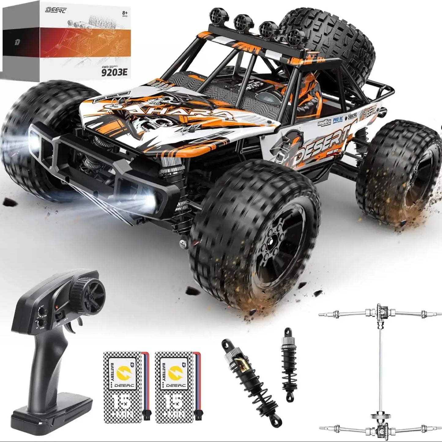 DEERC 9203E 1:10 Scale RC Truck 48KM/H 4X4 Lights Dual Batteries 2.4GHz All Terrain 30 Minute Playtime