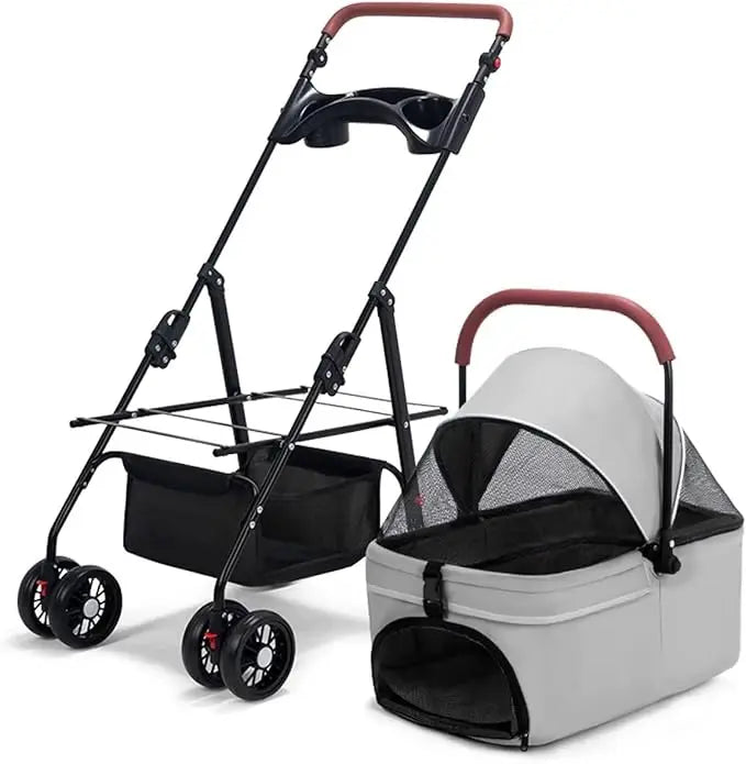 Folding Pet Stroller for Dogs with Detachable Carrier Portable Dog Travel Stroller Universal Design Gray