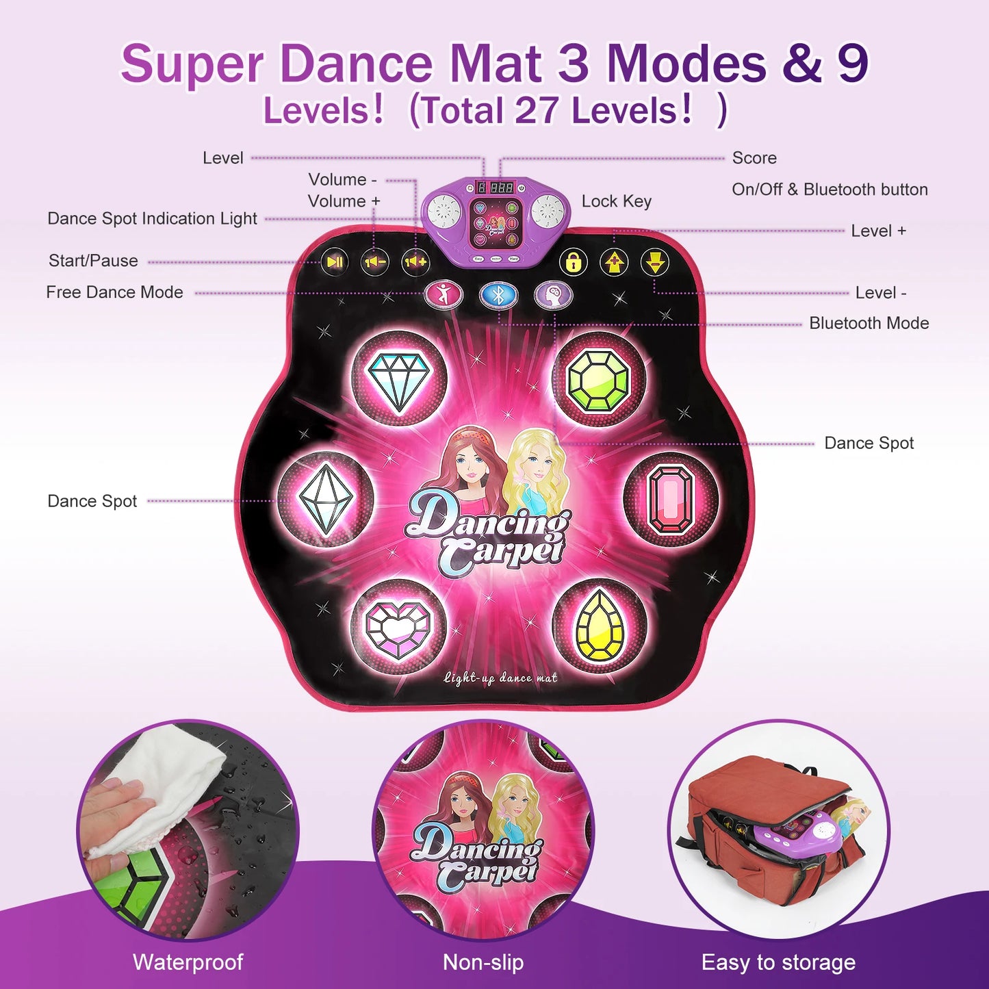 Vatos Dance Mat for Kids 27 Levels 6 LED Keys Bluetooth
