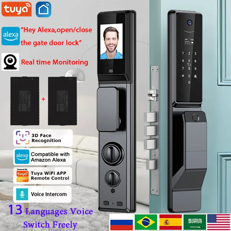 Waterproof Outdoor Smart Lock WiFi Alexa Tuya App Aluminium Alloy Fingerprint Password Smart Door Lock With Camera