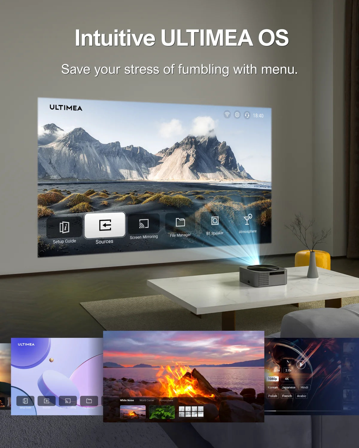 Ultimea Native 1080P Full HD Projector LED 4K WiFi Bluetooth Proyector with Auto Focus and DLP Video Smart Home Theater