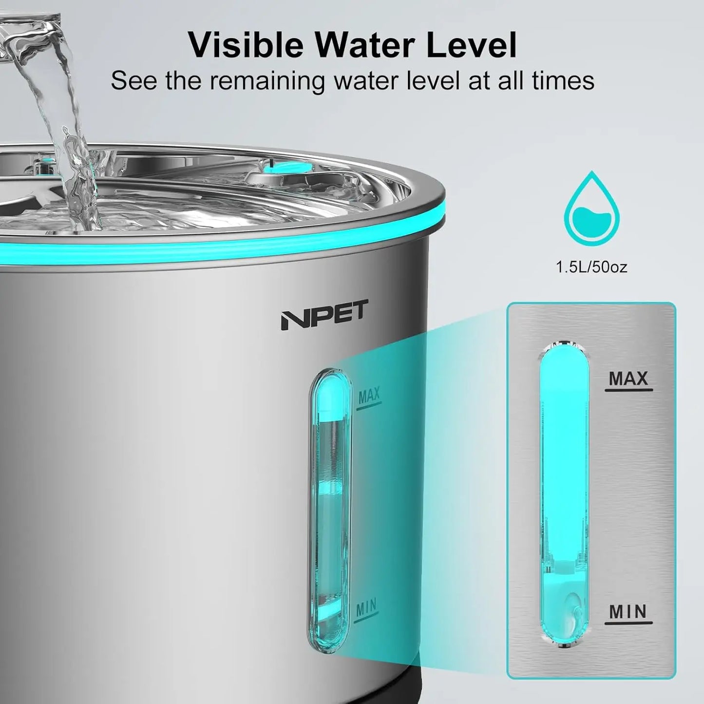 NPET Stainless Steel Cat Water Fountain 50oz Window Light