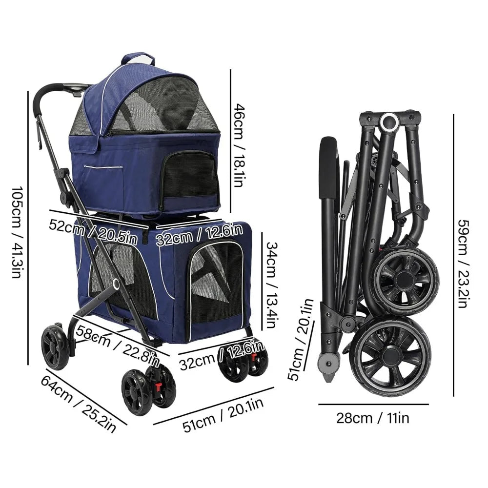 Folding Double Pet Jogging Stroller Detachable Pet Stroller with 6 Universal Wheels Lockable Pet Stroller with Cup Holder for Small to Medium Breeds